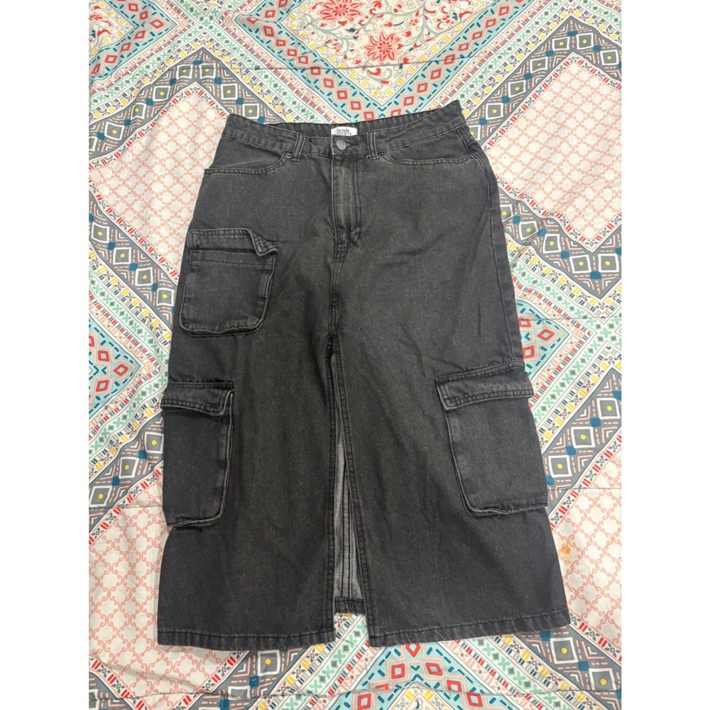 Simple Society Black Denim Cargo Midi Skirt Women Large Faded Utility Slit Skirt